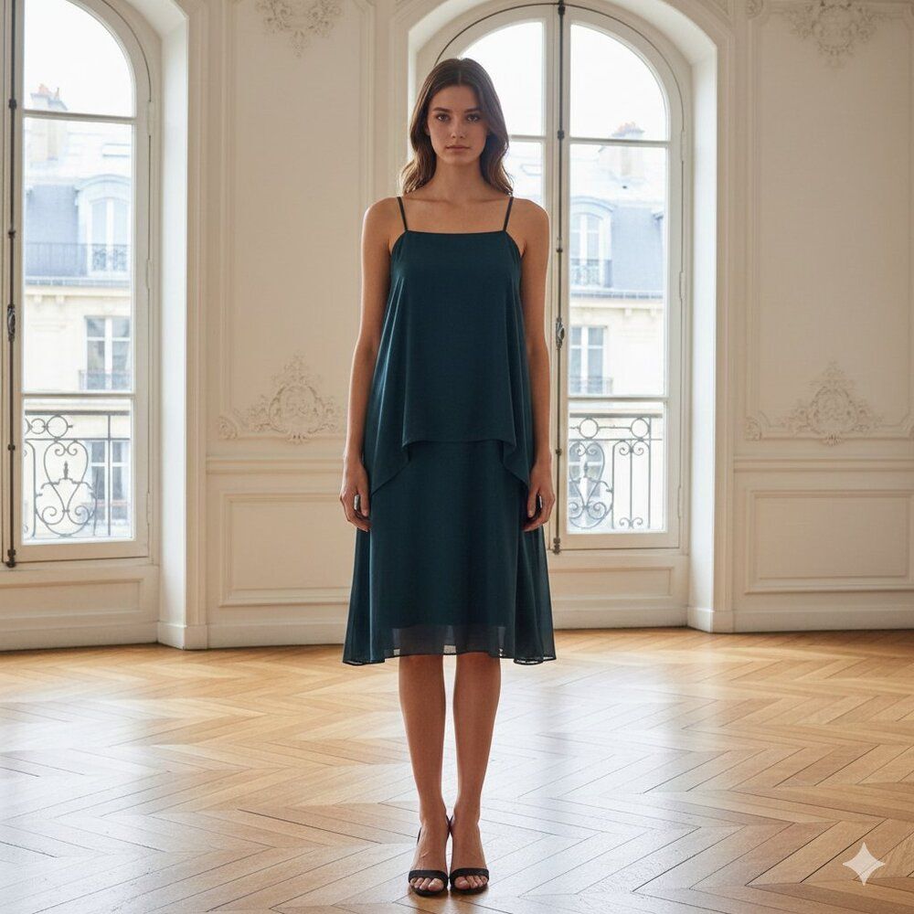 Theory 100% Silk Dark Tea Tiered Midi Dress  Size Small